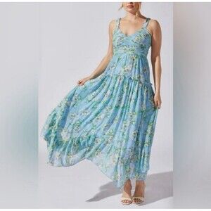 ASTR The Label NEW Maxi Dress Women’s LARGE Floral Shirred V-Neck‎ Blue Green